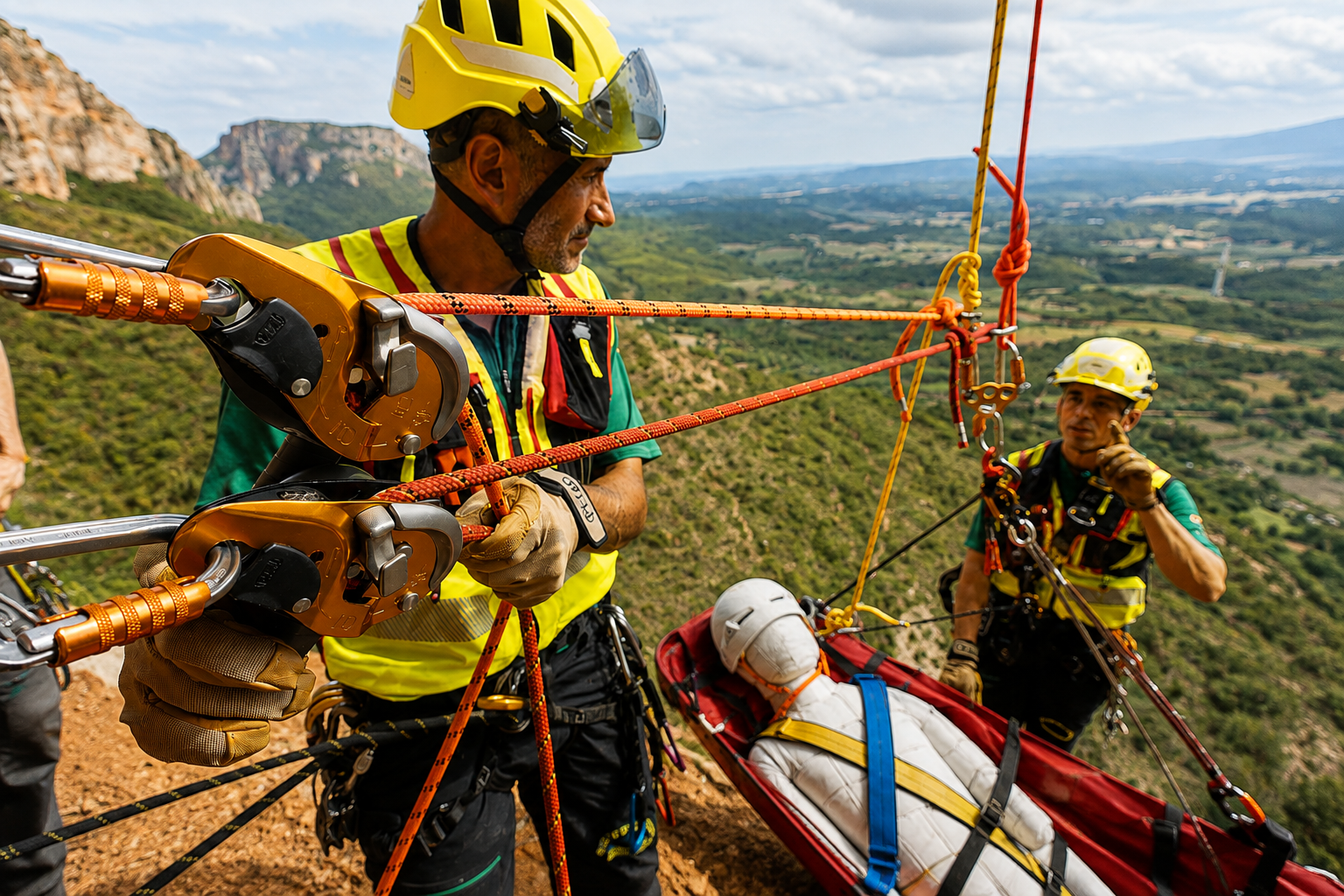 Equipo de rescate en altura maniobrando a HOSEMAN asegurado en camilla durante un simulacro de rescate vertical en montaña